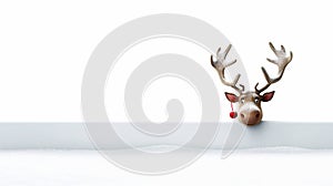 funny reindeer peeking his head out from behind a snowy wall