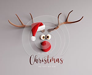 Funny reindeer with Santa hat and Merry Christmas text on gray background