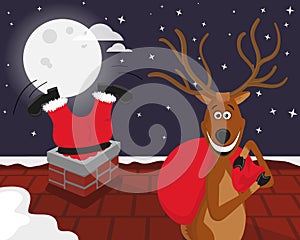 Funny reindeer with Santa on the roof