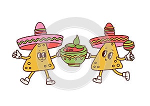 Legrační návrh malby znaků držení rajče omáčka mísa. mexičan jídlo. čipy v sombrera 