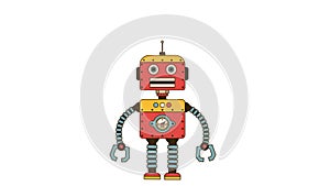 Funny retro robot jumps on the screen and waving his hand in welcome