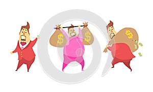 Funny Rich Millionaire Set, Fat Businessman Character Carrying Money Sacks Cartoon Vector Illustration