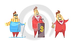 Funny Rich Millionaire Set, Fat Businessman Character Giving Speech and Skiing Cartoon Vector Illustration