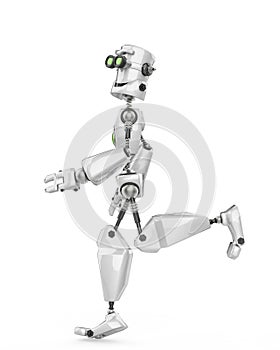 Funny robot cartoon jogging in front in a white background