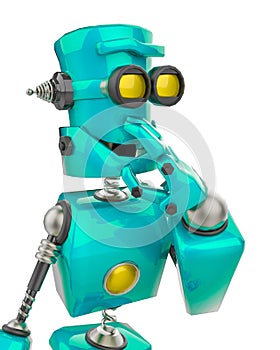 Funny robot cartoon is thinking about in a white background close up