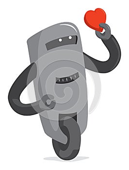 Funny robot with feelings holding a heart