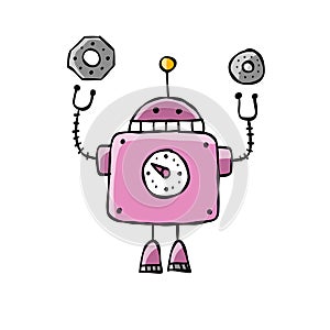 Funny robot isolated on white. Childish style icon, character for your design