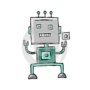 Funny robot isolated on white. Childish style icon, character for your design