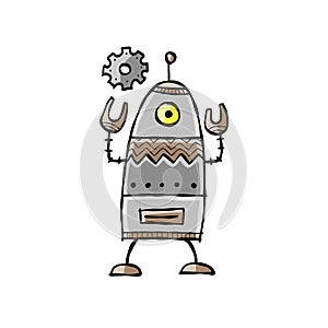 Funny robot isolated on white. Childish style icon, character for your design