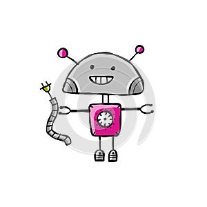 Funny robot isolated on white. Childish style icon, character for your design