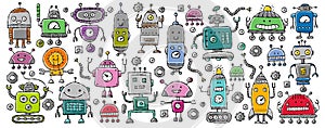 Funny robots characters. Childish style, Art poster for your design