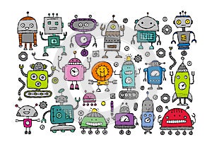 Funny robots characters. Childish style, Art poster for your design