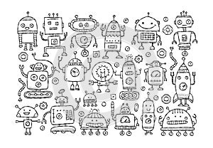 Funny robots characters. Childish style, Art poster for your design