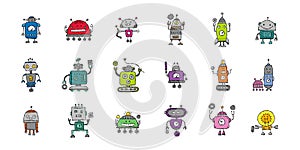 Funny robots characters. Childish style, icons collection for your design