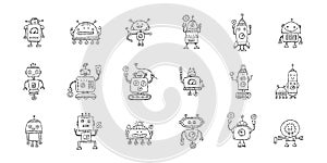 Funny robots characters. Childish style, icons collection for your design