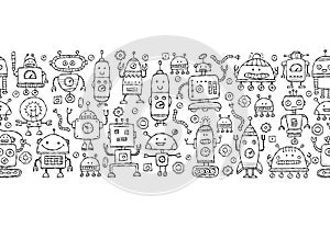 Funny robots characters. Childish style. Seamless pattern background for your design