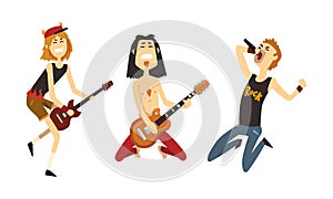 Funny Rock Musicians Characters Playing Electric Guitars and Singing, Rock Band Performing on Festival Cartoon Style