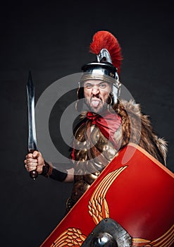 Funny roman soldier taunts his enemy