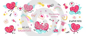 Funny romantic elements. Cute hearts couple, love letters and parcel, rainbow. Valentines day symbols, isolated lovely