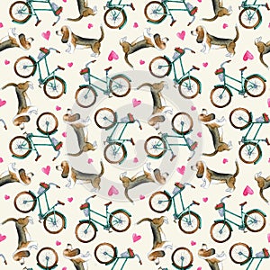 Funny romantic watercolor seamless pattern with pink hearts, basset hound dogs and turquoise retro bikes on a light background