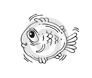 Funny round fish. Cartoon animal character. Underwater world. Outline sketch. Hand drawing is isolated on a white