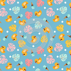 Funny rubber duck blue pattern. Hand-drawn trendy summer pattern design. Tropical monstera leaves, bath ducks and ice creams.