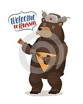 Funny Russian bear in cap with earflaps plays balalaika. Welcome to Russia, lettering vector illustration