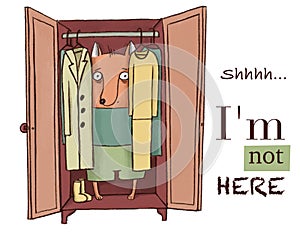 Funny sad Fox hiding in the wardrobe from others