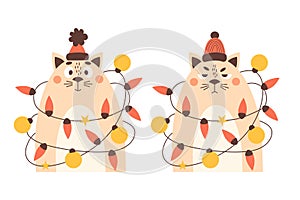 Funny sad and happy winter cat in Christmas garland with balls toys. Vector illustration. New Year cool character animal