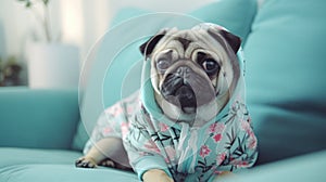 Funny sad pug wear blue hoodie sweater. Cute small dog sit cozy couch and rest.