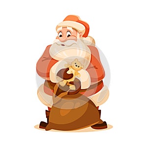 Funny Santa Character with White Beard and Red Hat Take Toy from Sack Vector Illustration