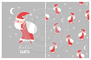 Funny Santa Claus with Bag Full of Gifts. Cute Hand Drawn Christmas Art and Pattern.