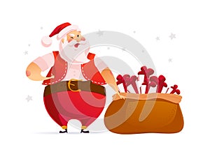 Funny Santa Claus character near big bag with Christmas gift boxes and presents isolated.