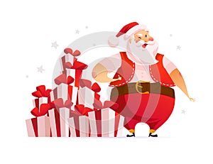 Funny Santa Claus character near big pile of Christmas gift boxes and presents isolated.