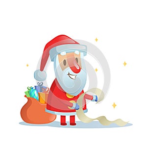 Funny Santa Claus checking his list. Cartoon Christmas card. Flat vector illustration. Isolated on white background.