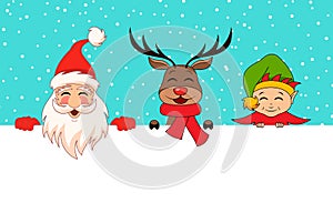 Funny Santa Claus, Christmas Deer, Elf. Cartoon Characters Friends with Clean Sheet