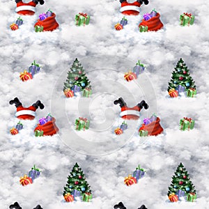 funny Santa Claus and christmas tree seamless pattern, comic wallpaper, holiday background with cartoon character