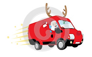 Funny Santa Claus driving a red van and delivering presents