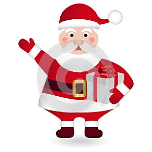 Funny Santa claus with gift box. Merry Christmas and Happy New Year greeting card. Vector illustration