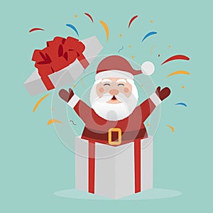 Funny Santa claus in gift box and paper firework. Merry Christmas and Happy New Year greeting card. Vector illustration