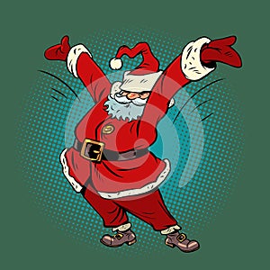 Funny Santa Claus is greeted by a cheerful pose. Christmas and New Year. Winter seasonal holiday