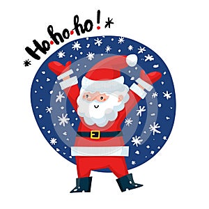 Funny Santa Claus with HoHoHo text. Cute cartoon Christmas card.