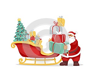 Funny Santa Claus is holding gift boxes with a sleigh full of presents. Merry christmas and new year. Cartoon vector