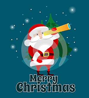 Funny Santa Claus looks through a spyglass and text Merry Christmas. Christmas scene for postcard.