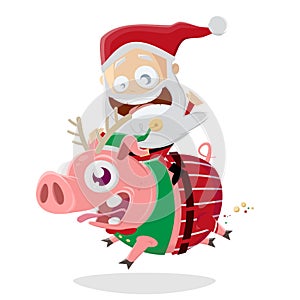 Funny santa claus riding on a crazy christmas pig