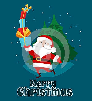 Funny Santa Claus runs with gifts on the background of Christmas trees and the text Merry Christmas. Christmas scene.