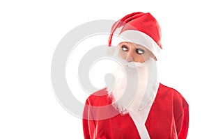 Funny Santa Girl looking to copyspace, isolated on white, concep