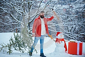 Funny Santa man posing with axe and Christmas tree. Hipster woodsman with Christmas tree. A handsome lumber with a beard