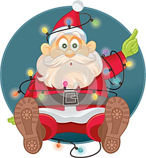 Funny Santa Tangled in Christmas Lights Vector
