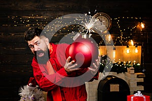 Funny Santa wishes Merry Christmas and Happy new year. Sparkle blast. Hipster Santa claus. Bomb text copy space. Bomb